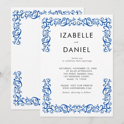 Elegante  Blauw Lijst bruiloft Kaart (Voorkant / Achterkant)