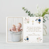 Elegante Blauw Roze Gouden Bloemen Tweeling Fotodo Bedankkaart (Staand voorkant)