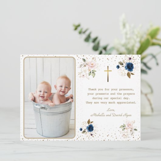 Elegante Blauw Roze Gouden Bloemen Tweeling Fotodo Bedankkaart (Staand voorkant)