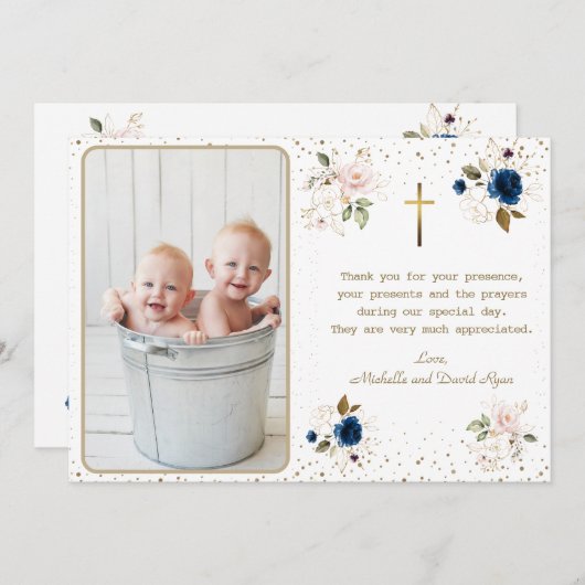 Elegante Blauw Roze Gouden Bloemen Tweeling Fotodo Bedankkaart (Voorkant / Achterkant)