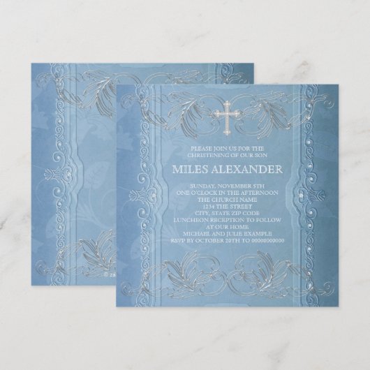 Elegante Blauw Wit Baby Boy Doop Kaart (Voorkant / Achterkant)