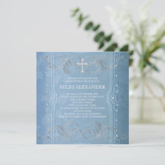 Elegante Blauw Wit Baby Boy Doop Kaart (Staand voorkant)