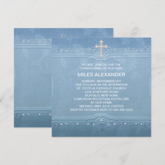 Elegante Blauw Wit Baby Boy Doop Kaart (Voorkant / Achterkant)