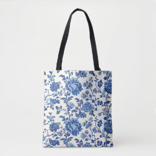 Elegante Blauw & Wit Bloemen Canvas tas
