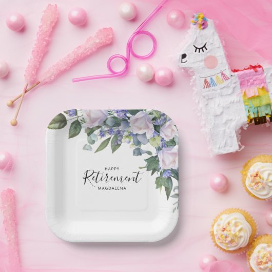 Elegante Blauw Wit Bloemen Custom Retirement Party Papieren Bordje (Feest)