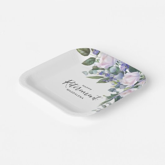 Elegante Blauw Wit Bloemen Custom Retirement Party Papieren Bordje (Gebogen)
