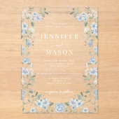 Elegante Blauw Wit Bloemen Krans Boheemse bruiloft Acryl Uitnodigingen (Voorkant)