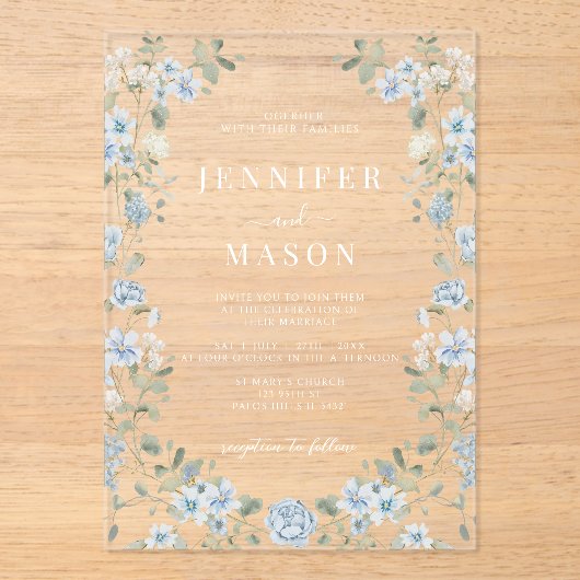 Elegante Blauw Wit Bloemen Krans Boheemse bruiloft Acryl Uitnodigingen (Voorkant)