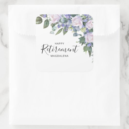 Elegante Blauw Wit Bloemen Pensioen Partij Vierkante Sticker (Tas)