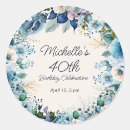 Elegante Blauw Wit Bloemen Vrouwen 40ste verjaarda Ronde Sticker
