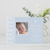 Elegante Blauw & Wit Damask Doopsel Uitnodiging (Staand voorkant)