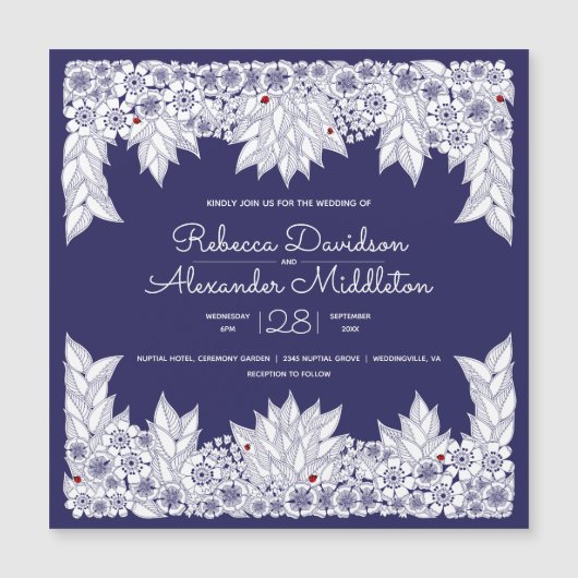 Elegante Blauw Wit Huwelijksuitnodiging Magetische (Voorkant)