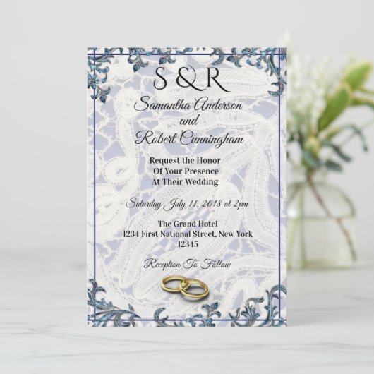 Elegante Blauw & Wit Kant met Ringen - Kaart (Staand voorkant)