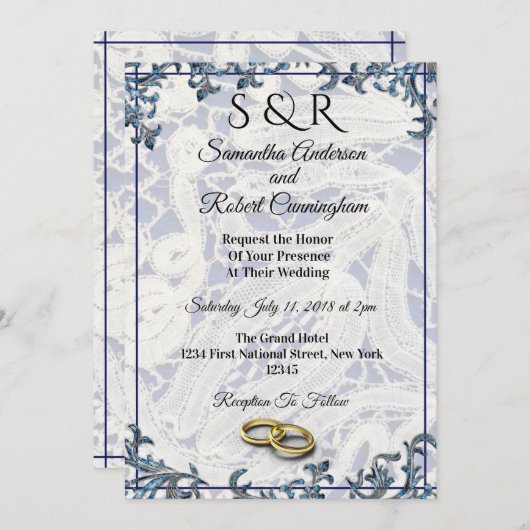 Elegante Blauw & Wit Kant met Ringen - Kaart (Voorkant / Achterkant)