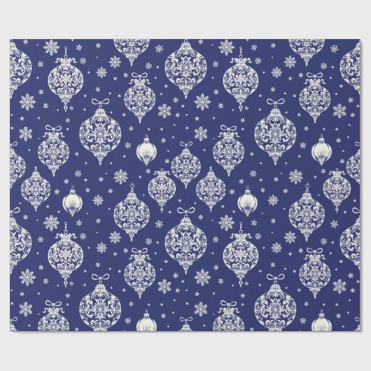 Elegante  Blauw Wit Kerst Ornamenten Cadeaupapier (Vlak)