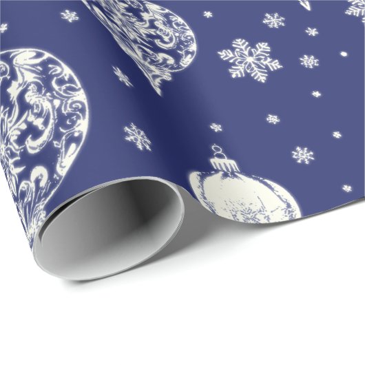 Elegante  Blauw Wit Kerst Ornamenten Cadeaupapier (Rol Hoek)