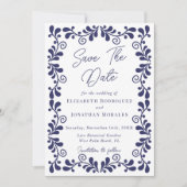 Elegante Blauw Wit Mexicaanse Fiesta Talavera Foto Save The Date (Voorkant)