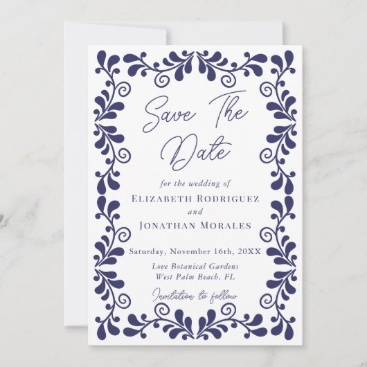 Elegante Blauw Wit Mexicaanse Fiesta Talavera Foto Save The Date (Voorkant)