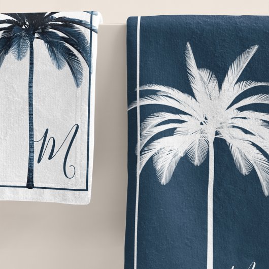 Elegante Blauw & Wit Palm Tree Monogram Badtoren Bad Handdoek