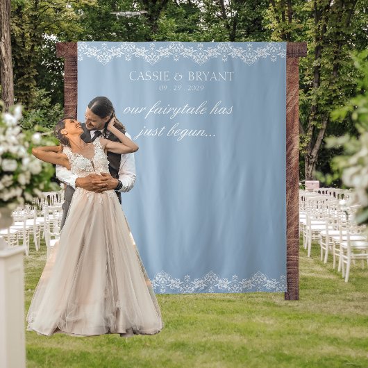 Elegante Blauw-Wit Trouwfoto Achtergrond Wandkleed