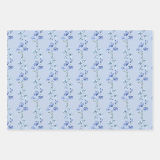 Elegante Blauw & Wit Wildflower Waterverf Inpakpapier Vel (Voorkant 3)