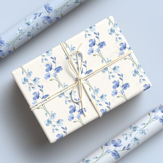 Elegante Blauw & Wit Wildflower Waterverf Inpakpapier Vel