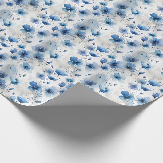 Elegante blauw wit zilveren waterverf bloemen cadeaupapier (Hoek)