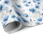 Elegante blauw wit zilveren waterverf bloemen cadeaupapier (Rol Hoek)