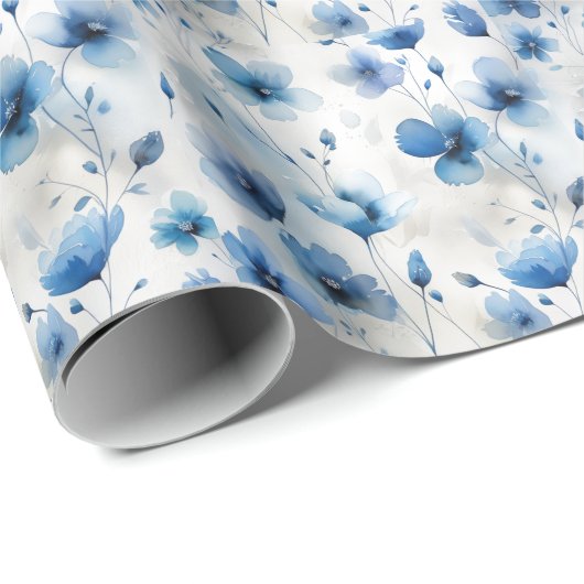 Elegante blauw wit zilveren waterverf bloemen cadeaupapier (Rol Hoek)