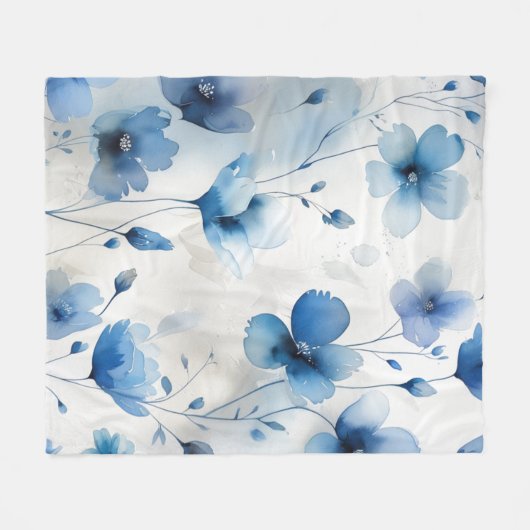 Elegante blauw wit zilveren waterverf bloemen fleece deken (Voorkant (Horizontaal))