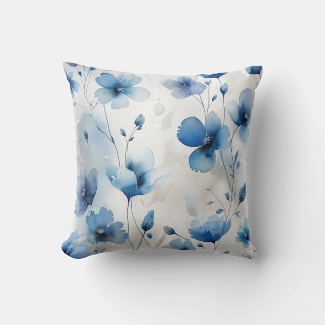 Elegante blauw wit zilveren waterverf bloemen kussen (Voorkant)