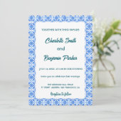Elegante Blauw Witte Bloem chinoiserie bruiloft Save The Date (Staand voorkant)