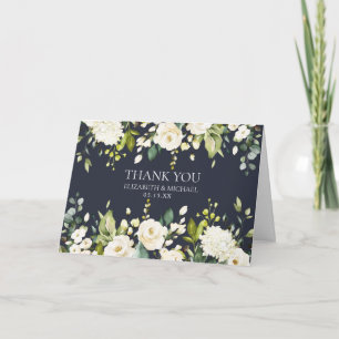 Elegante Blauw&Witte Bloemen Foto Bedankt Bruiloft Kaart