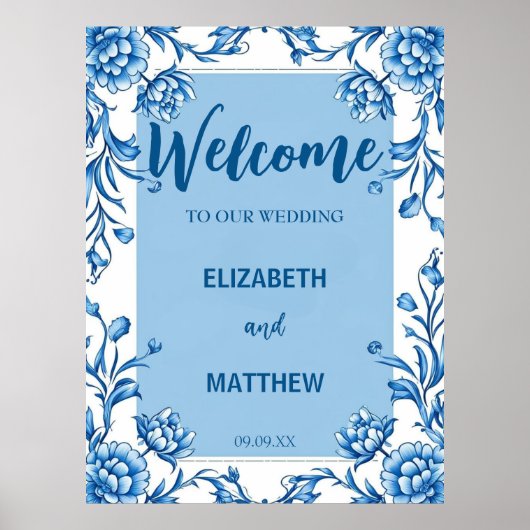 Elegante blauw-witte Chinoiserie antiek bruiloft Poster (Voorkant)