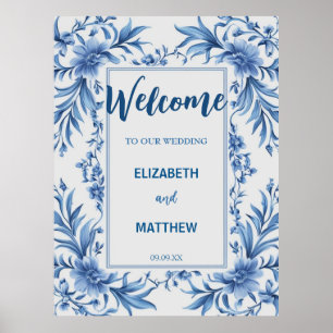 Elegante blauw-witte Chinoiserie antiek bruiloft Poster