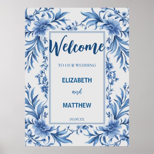 Elegante blauw-witte Chinoiserie antiek bruiloft Poster (Voorkant)
