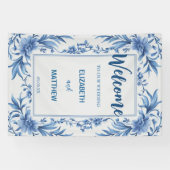 Elegante blauw-witte Chinoiserie antiek bruiloft Spandoek (Horizontaal)