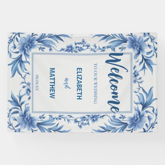 Elegante blauw-witte Chinoiserie antiek bruiloft Spandoek (Horizontaal)