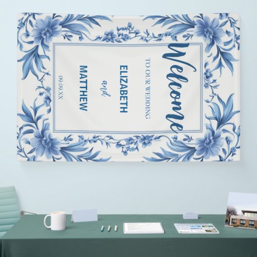 Elegante blauw-witte Chinoiserie antiek bruiloft Spandoek (Beurs)