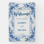 Elegante blauw-witte Chinoiserie antiek bruiloft Spandoek (Verticaal)