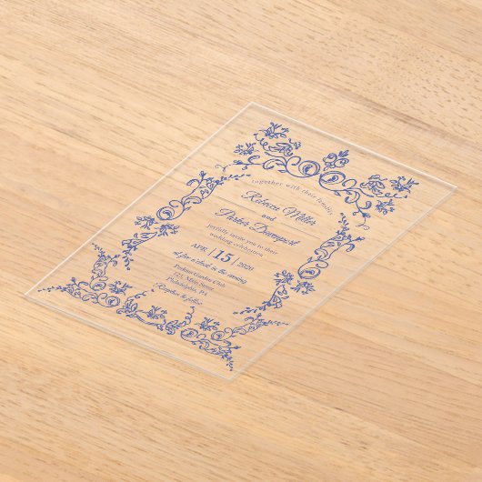 Elegante blauw-witte chinoiserie bruiloft acryl uitnodigingen (Laagn)