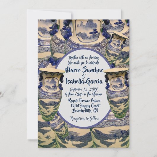 Elegante blauw-witte chinoiserie stijl bruiloft kaart (Voorkant)