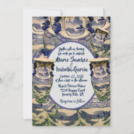 Elegante blauw-witte chinoiserie stijl bruiloft kaart