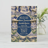 Elegante blauw-witte chinoiserie stijl bruiloft kaart (Staand voorkant)