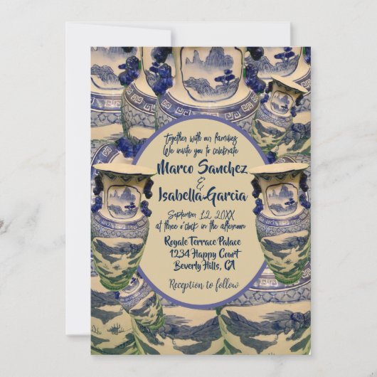 Elegante blauw-witte chinoiserie stijl bruiloft kaart (Voorkant)