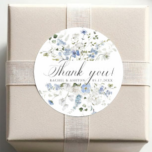 Elegante blauw witte groene bloemige trouwthankyou ronde sticker