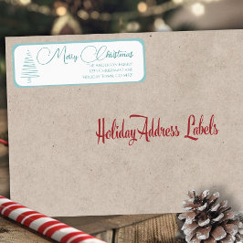 Elegante blauw-witte vrolijke kerstboom etiket