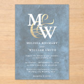 Elegante Blauw Zee Glas Monogram Gold Wedding Acryl Uitnodigingen (Voorkant)