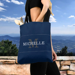 Elegante Blauw Zilver Monogram Naam Gepersonalisee Tote Bag