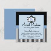 Elegante Blauw & Zwart Chic Sweet 16 Uitnodigen Kaart (Voorkant / Achterkant)